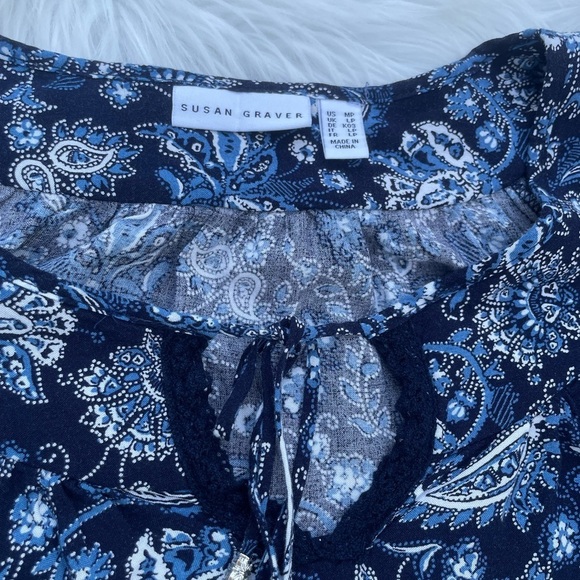 Susan Graver Womens Floral Woven Tie Neck Peasant Tunic Top - Size Med. petite - Picture 6 of 12